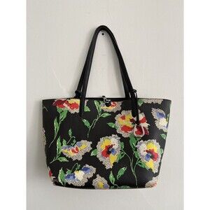 LRL Ralph Lauren Black Floral Pebble Grain Tote Shoulder Bag Large